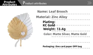 Broche feuille en alliage de zinc avec perle, poids 13,4g et placage en or KC de qualité
