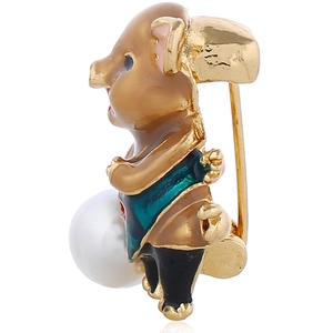 Broche cochon 3D émaillée de style chinois avec perle blanche sur base en alliage doré