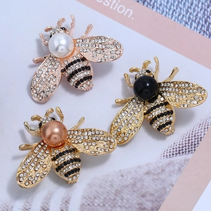 Cartoon bee pins with pearls and rhinestones in rose gold and gold finishes