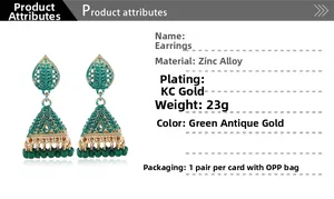 Detailed specifications of green antique gold bohemian jhumka bell earrings on card