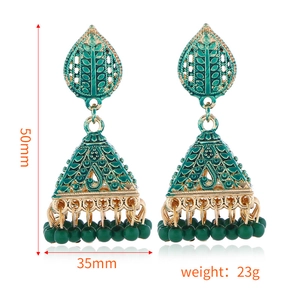 Ethnic Jhumka bell earrings in green and gold finish with size and weight measurements
