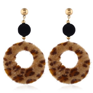 Minimalist leopard print faux fur hoop earrings with gold metal studs and velvet beads