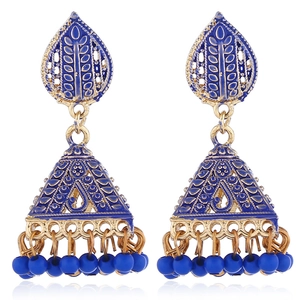 Detailed view of bohemian Jhumka earrings with gold finish and blue enamel beads