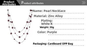 Macro detail of multi-layered burgundy pearl necklace with zinc alloy clasp and packaging