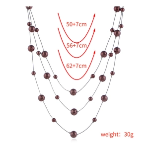 Three-layer multilayer pearl beaded choker necklace with layered brown pearls and black cord