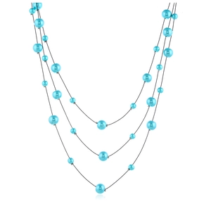 Detailed close-up of triple-layered turquoise beaded choker necklace with black fine wire