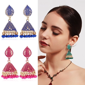 Bohemian Ethnic Jhumka Drop Earrings For Women Alloy Drip Oil Leaf Shape Hollow Bell Tassel Earrings With Artificial Pearl Beads