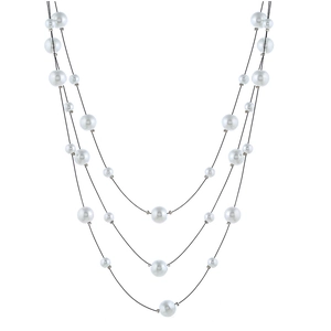 Three-layer faux pearl necklace with graduated white beads and black cord on white background