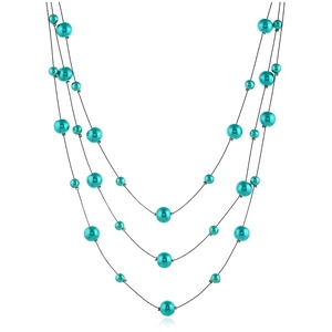 Detail of three-layer turquoise pearl necklace with metallic luster beads on black cords