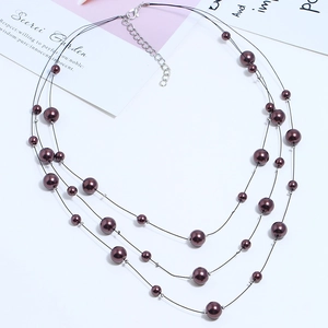Three-layer wine red pearl necklace with multi-size beads and adjustable steel wire