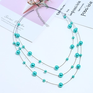 Detail of multi-layered lake green beaded necklace with silver adjustable lobster clasp