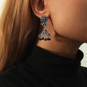 Bohemian Ethnic Flower Jhumka Drop Earrings Vintage Antique Gold Silver Plated Rhinestone Enamel Bell Tassel Jewelry For Women