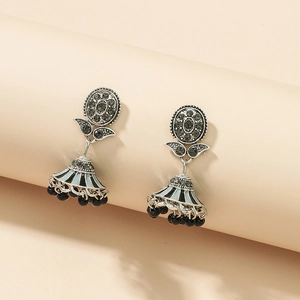 Retro silver Jhumka earrings with sun flower crystals and black beaded tassels