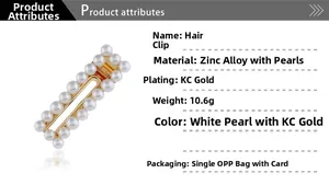 Gros plan sur la barrette rectangulaire avec perles blanches et alliage de zinc doré