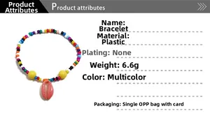Detail of colorful beaded bracelet featuring a pink shell charm and yellow beads on card
