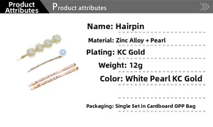 Lot de trois barrettes à cheveux dorées avec perles et détails en alliage de zinc
