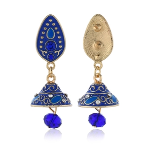 Boheemse Jhumka druppeloorbellen met blauw kristal en goudkleurige legering in waterdruppel