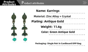 Vue détaillée des boucles d'oreilles bohèmes en cristal doré antique avec spécifications