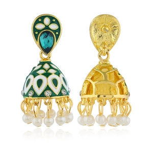 Indiase vintage Jhumka-oorbellen in goud met groen emaille en witte parelhangers