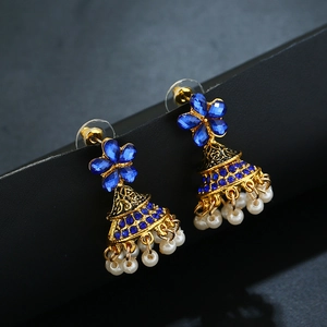 Détails de boucles d'oreilles Jhumka vintage avec cloche bleue et perles pendantes