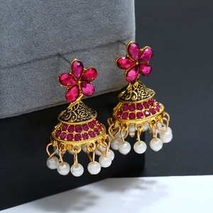 Boucles d'Oreilles Pendantes Vintage Indiennes Jhumka Cloche Avec Künstliche Perle d'Imitation Strass Floral Alliage Or Antique Bijoux Ethniques Femme