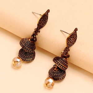 Boucles d'oreilles vintage en alliage bronze avec cloches évidées et cristaux ambrés brillants