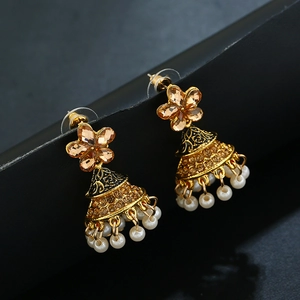 Boucles d'oreilles Jhumka vintage avec cristaux bruns, émail noir et perles blanches