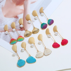 Detail view of colorful shell pearl drop earrings featuring elegant rainbow gradient tassels