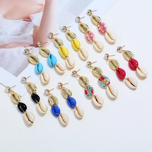 Retro sea shell drop earrings with colorful floral patterns and gold plated details