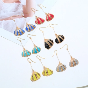 Detailed arrangement of colorful shell dangle earrings with golden hooks in six vibrant colors