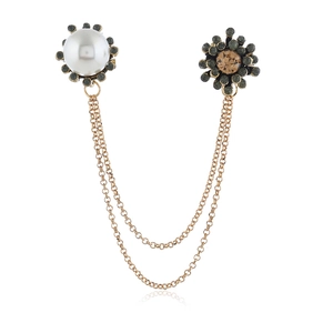 Broche Tournesol en Alliage Avec Imitation Künstliche Perle Blanche Double Chaîne à Maillons Ronds Épingle de Col Vintage Strass Bijoux de Luxe Femme