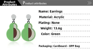 Makroaufnahme grüner Avocado-Acryl-Ohrringe mit Produktspezifikationen und Gewichtsangaben
