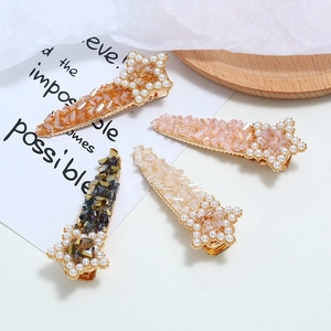 Korean Style Alloy Star Hair Clip With Faux Artificial Pearl Crushed Crystal Handmade Snap Clip Hair Accessory For Women Girls