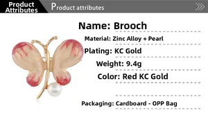 Details zur roten Schmetterlingsbrosche aus Zinklegierung und Perlen mit KC-Gold-Finish