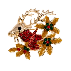 Christmas reindeer brooch with gold alloy base and colorful sparkling rhinestones