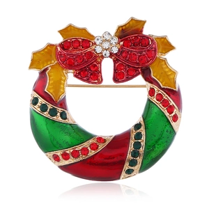 Broche Couronne de Noël en Alliage Vintage avec Émail Nœud Rouge Cloche et Strass pour Femme Bijoux Cadeau de Fête
