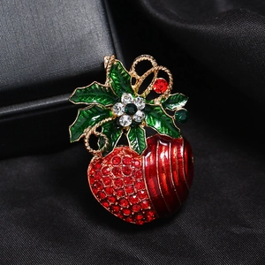 Elegant Christmas red apple brooch with crystal rhinestones and green holly leaves