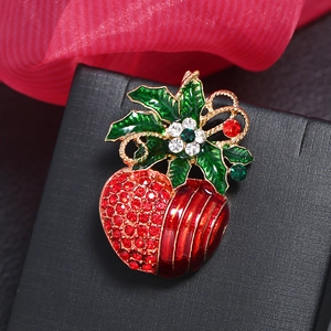 Creative Christmas red apple brooch with crystal rhinestones and green enamel leaves