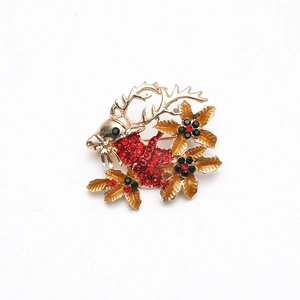 Christmas reindeer brooch with gold alloy frame and sparkling red rhinestones for women
