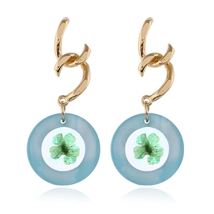 Pendientes Colgantes Retorcidos de Aleación Vintage Con Colgante Redondo de Resina Flor Seca Trébol Joyería de Moda para Mujer