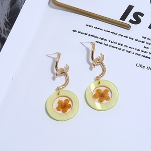 Pendientes geométricos colgantes de metal dorado con flores secas en dijes de resina
