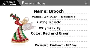 Detail der Weihnachtsengel-Brosche mit rot-grünem Emaille und Strasssteinen auf Zinklegierung