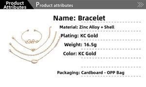 Makroaufnahme von 4-teiligem KC-Gold-Armbandset mit Muschelanhängern und Gravur