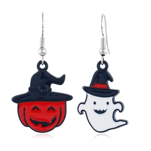 Détails de boucles d'oreilles Halloween avec citrouille en émail et fantôme à chapeau