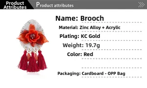 Detail view of red acrylic flower brooch with zinc alloy base and silk tassels