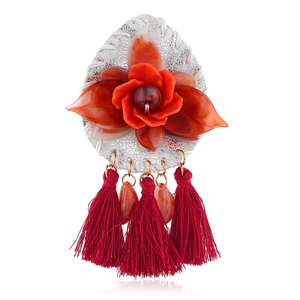 Vintage Bohemian Alloy Acrylic Flower Tassel Brooch For Women Ethnic Floral Enamel Pin Decorative Jewelry Accessory