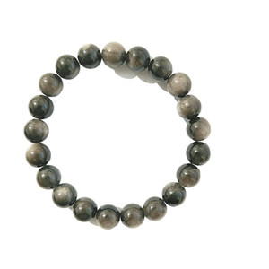 Pulsera de cuentas de obsidiana plateada natural con efecto de ojo de gato sobre blanco