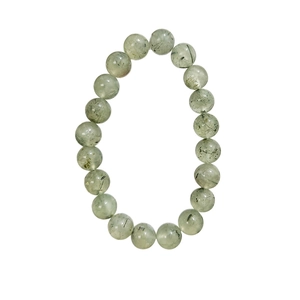 Natural prehnite beaded bracelet with unique black needle-like mineral inclusions