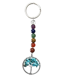 Chakra tree of life keychain with seven natural stone beads and turquoise chips