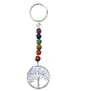Detail of Tree of Life keychain with colorful chakra beads and woven silver wire pendant